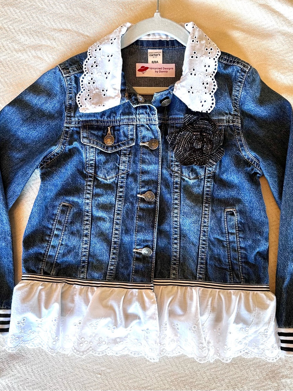 Child’s Upcycled Blue Denim Jacket with White Eyelet Collar & Ruffle Hem